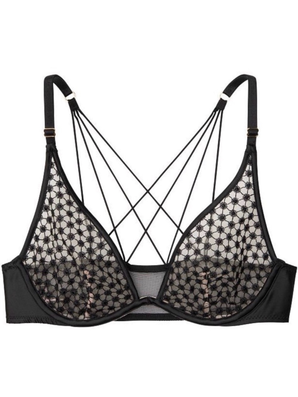 VICTORIA'S SECRET Starburst Unlined Plunge Bra Semi Sheer Black Mesh Size 36D